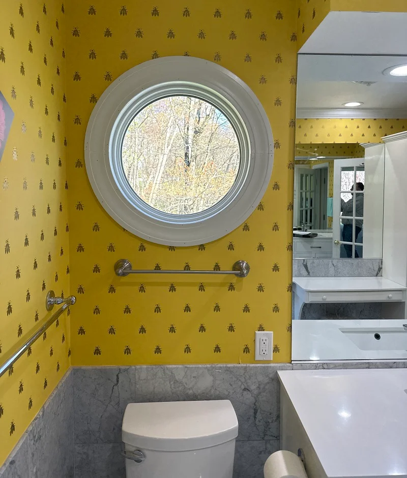 Andersen custom circle window installed in a bathroom in New Canaan, CT
